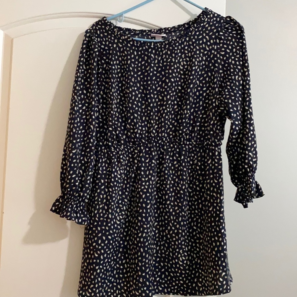 Maternity navy 3/4 sleeve ruffle bump woven top